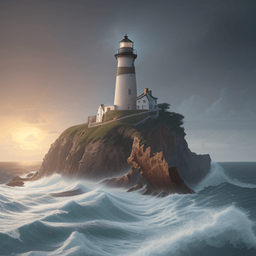 AI generated: full portrait of a coastal scene with a paradoxical lighthouse that simultaneously shines light in a...