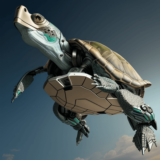 AI generated: Realistic semi-close shot of an immensely giant futuristic mecha sea turtle flying through the skies...