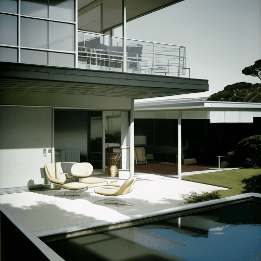 AI generated: Hyper realistic eye level exterior photo of a mid century modern style house overlooking the ocean, ...