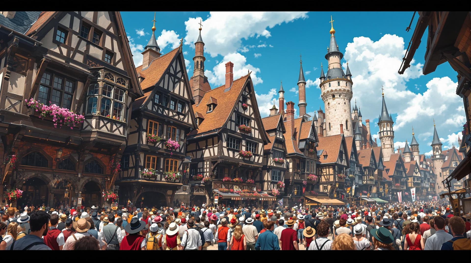AI generated: a bustling medieval town, with a wide-angle camera perspective that captures the intricate details o...
