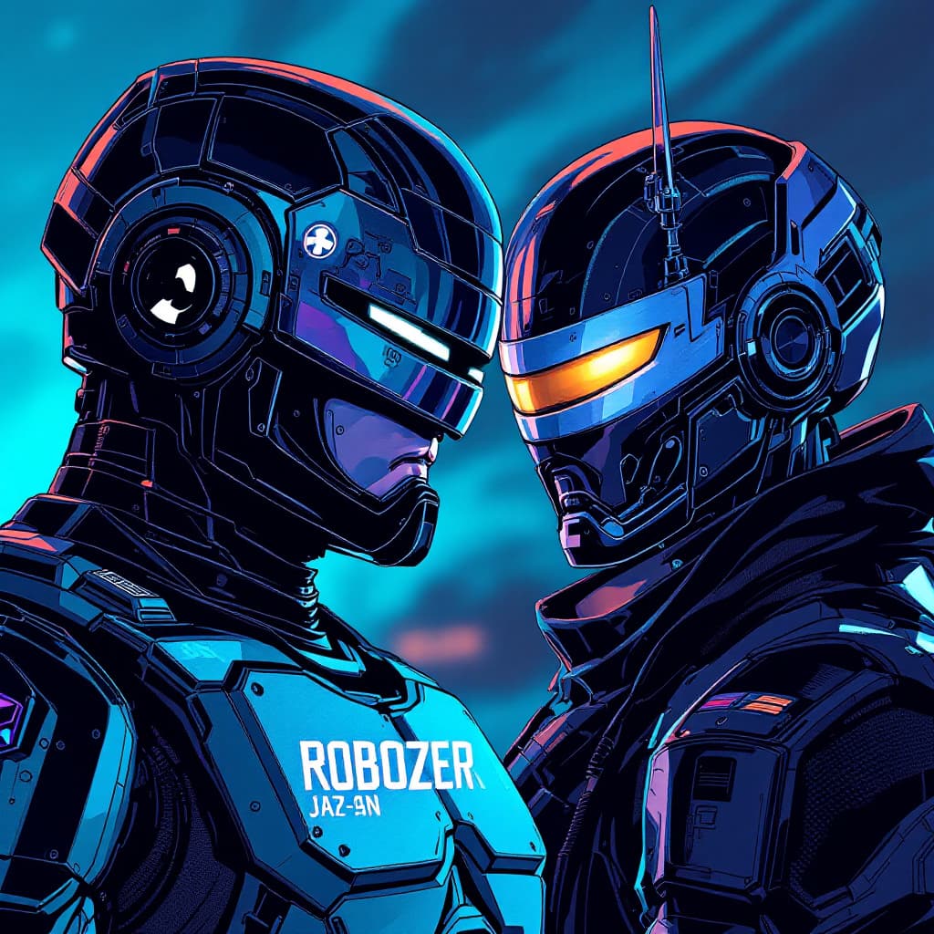 AI generated: Make a illustration of Robocop and Sub-Zero who play in Playstation and some text logo on japan, sty...