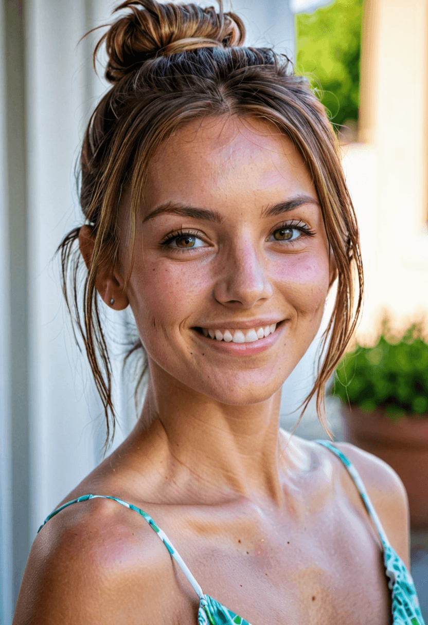 AI generated: HDR photo of woman with hair in a messy bun smiles at the viewer, perfect eyes, beautiful skin, outs...
