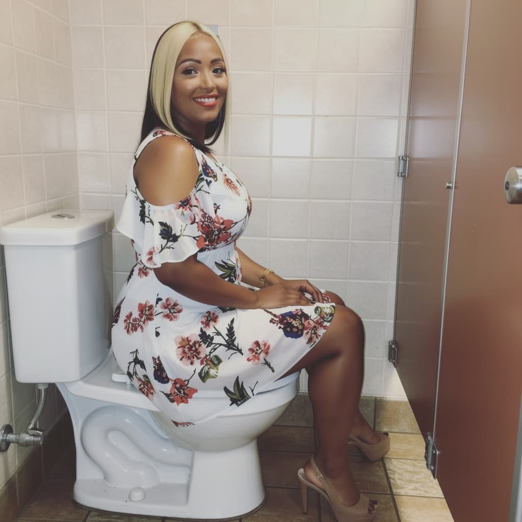 AI generated: Taking a pee in a public toilet with her panties down