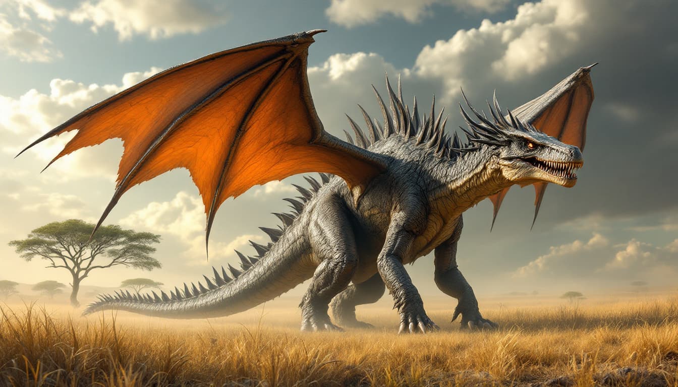 AI generated: New hybrid species, between a dinosaur and a dragon with wings. a biped. The skin must be reptilian....