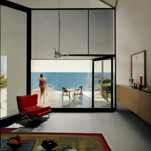 AI generated: Hyper realistic freda khalo stampunk, photo of a mid century modern style house overlooking the ocea...