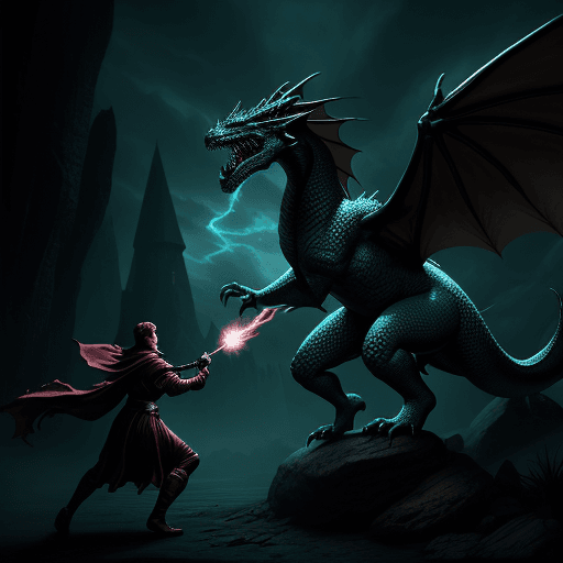 AI generated: Dark fantasy, wizard retro style, fighting a dragon with cinematic light
