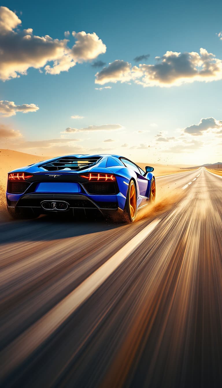 AI generated: A powerful, electric blue Lamborghini Aventador roars across a sun-drenched desert highway, mirages ...