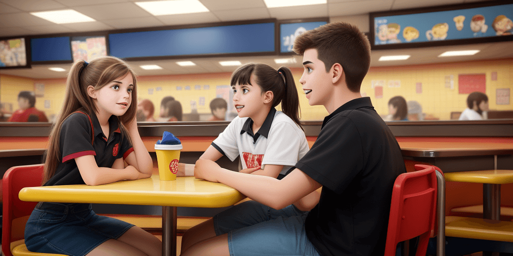 AI generated: Create a graphic that shows a male and female grade school student talking at fast food restaurant
