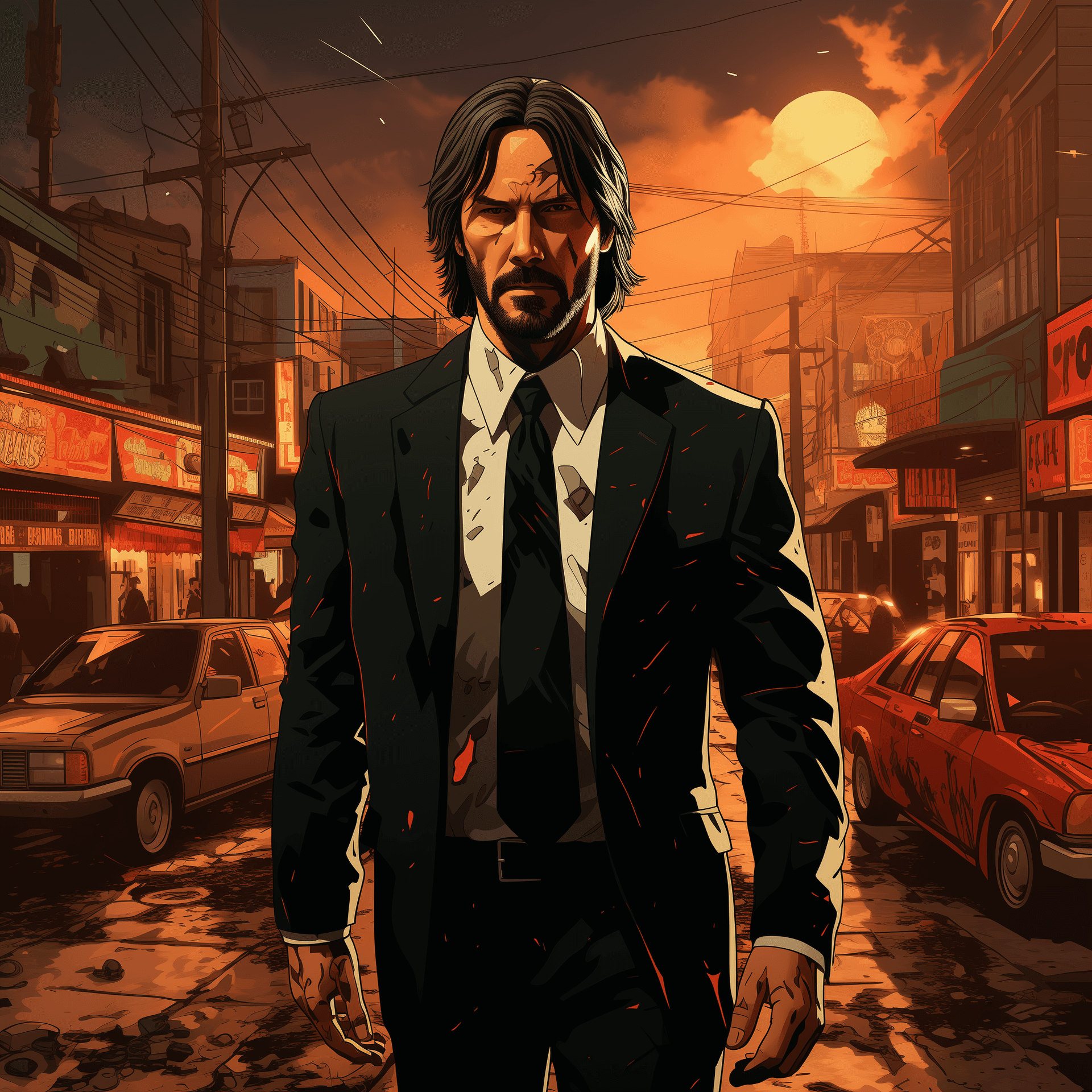AI generated: John Wick as a GTA San Andreas cartoon, John Wick imagined as a cartoon drawing from Grand Theft Aut...
