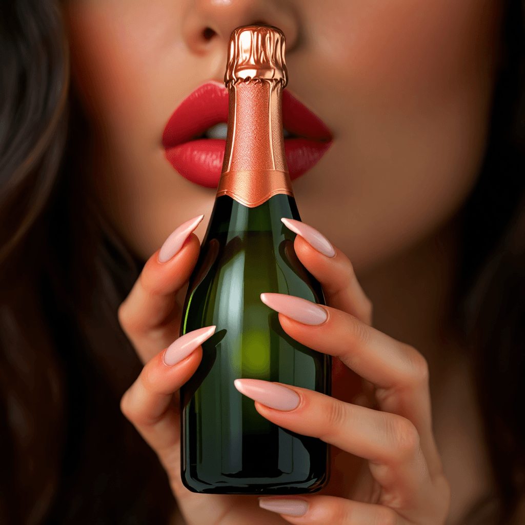 AI generated: champagner bottle withe a lipstick kiss on it, the bottle in ahand of woman withe long nails