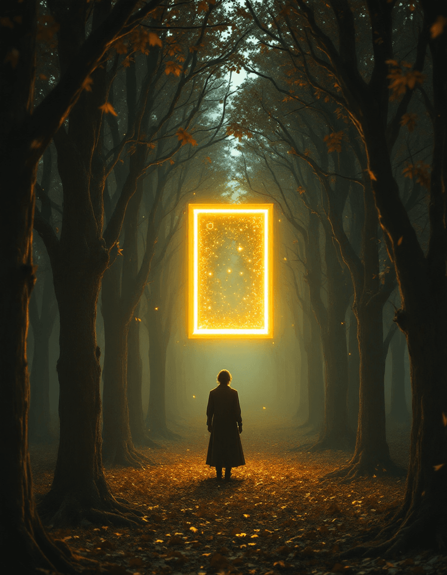 AI generated: A solitary figure stands in an endless, surreal forest where ancient trees seem to whisper forgotten...