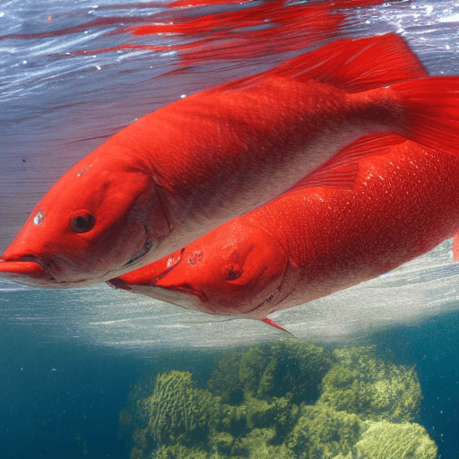 AI generated: motor boat, view from under the water, a red fish swims from below