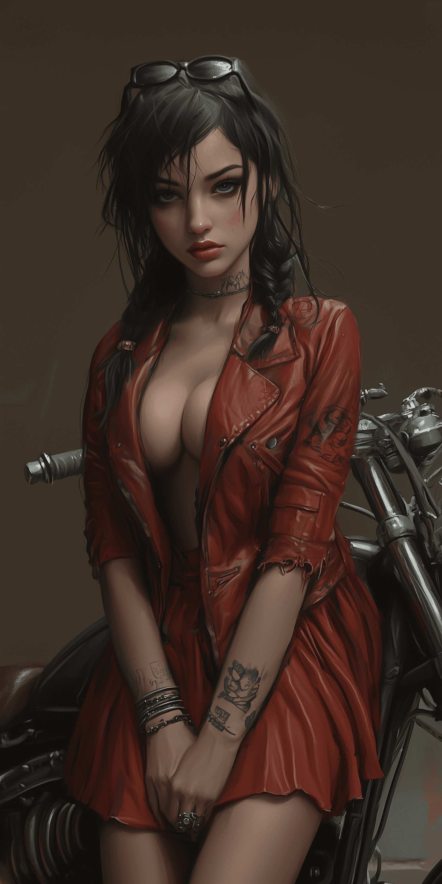 AI generated: Disney Princess Snow White in the style of old school anime, sitting on a motorcycle with a leather ...