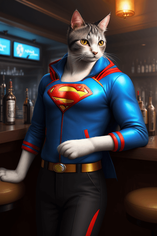 AI generated: A cat is smoking in a bar, hyperrealistic futuristic cat wearing superman jacket, , 8k, artstation
