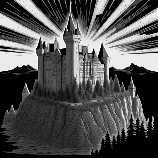 AI generated: linocut of a castle in a landscape, big contrast, black and white. thick lines ,8 k, frostbite 3 eng...