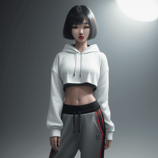 AI generated: girl, full body, beautiful Korean girl, kpop idol, Cute Loose Bob hair, wearing a cropped hoodie, ca...