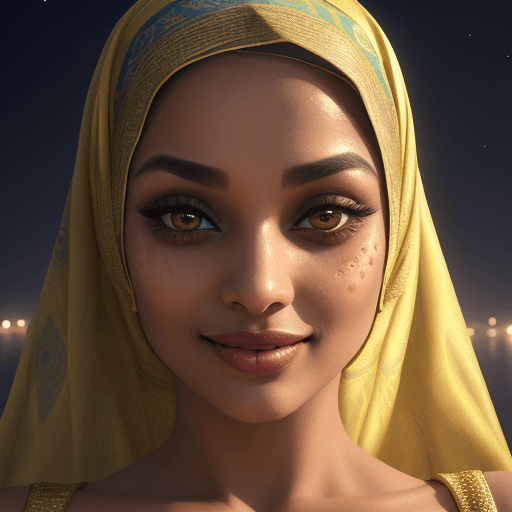 AI generated: Joyful amazingly beautiful Muslim woman in a top sarong covered with a gold pattern (((full close up...