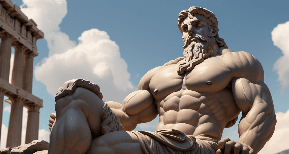 AI generated: Create an 8K background featuring a Greek statue embodying stoicism, resembling Hercules with a bear...