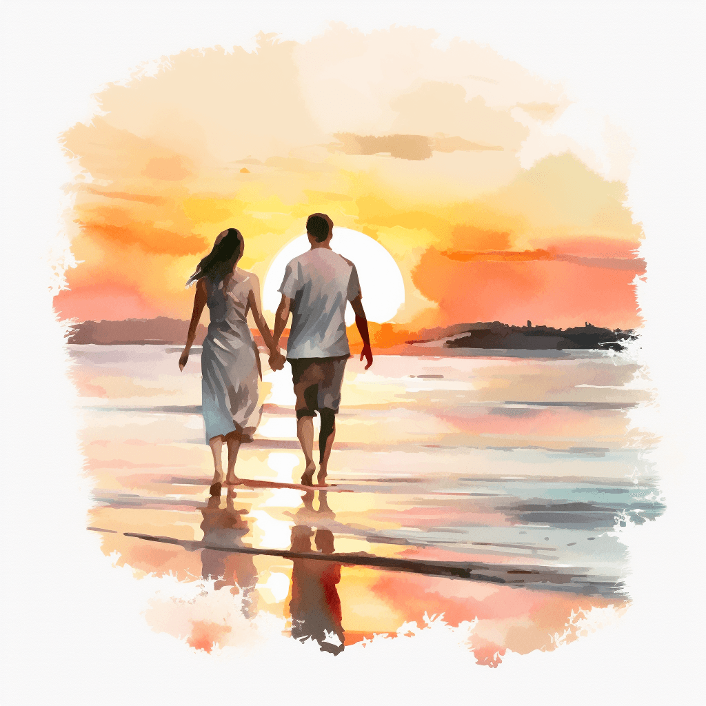 AI generated: A watercolor clipart of a couple walking hand in hand on a beach at sunset - - style romantic - - ar...