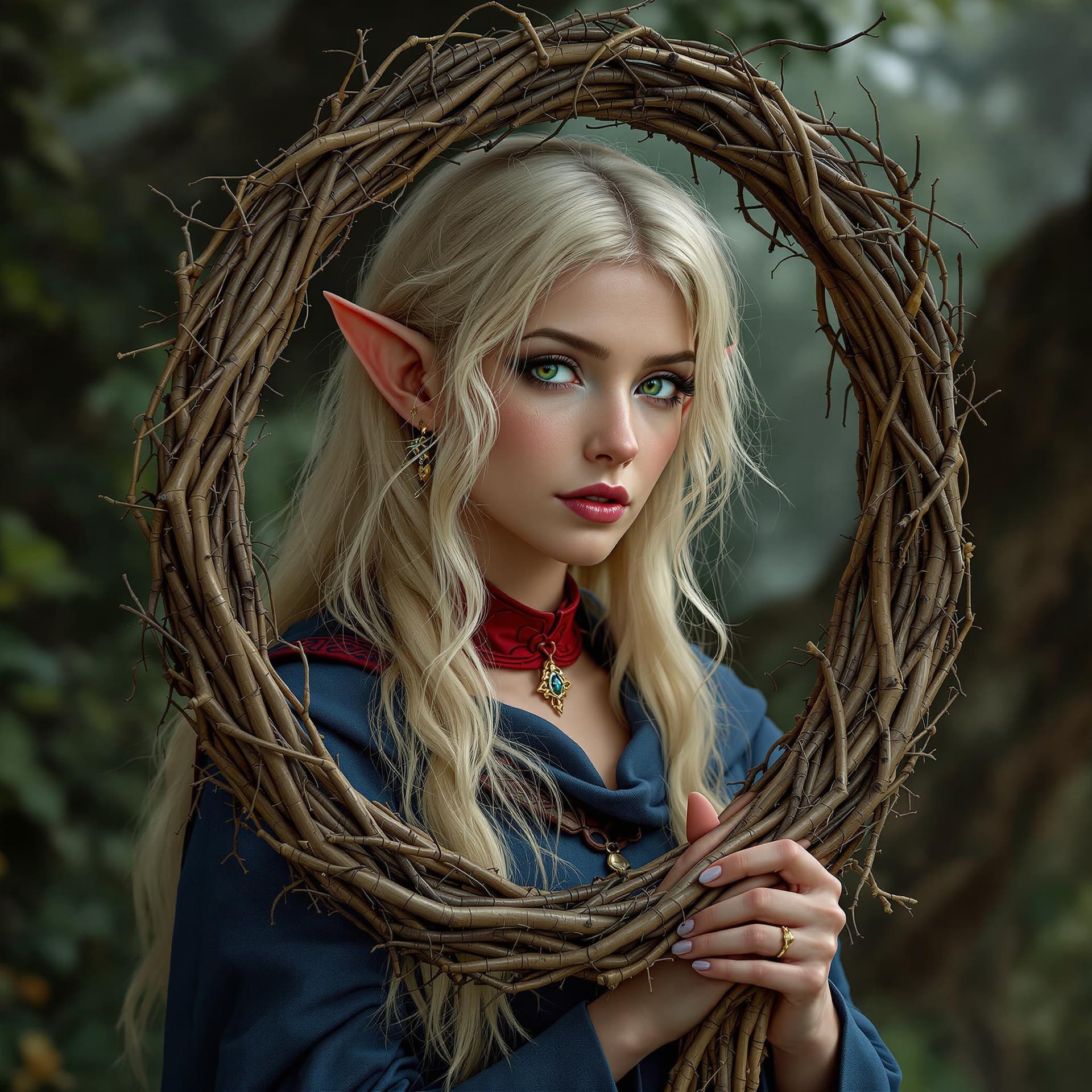 AI generated: imagine an elf sorceress (Marcille Donato), blonde, medium height, green eyes, small pointed nose, l...