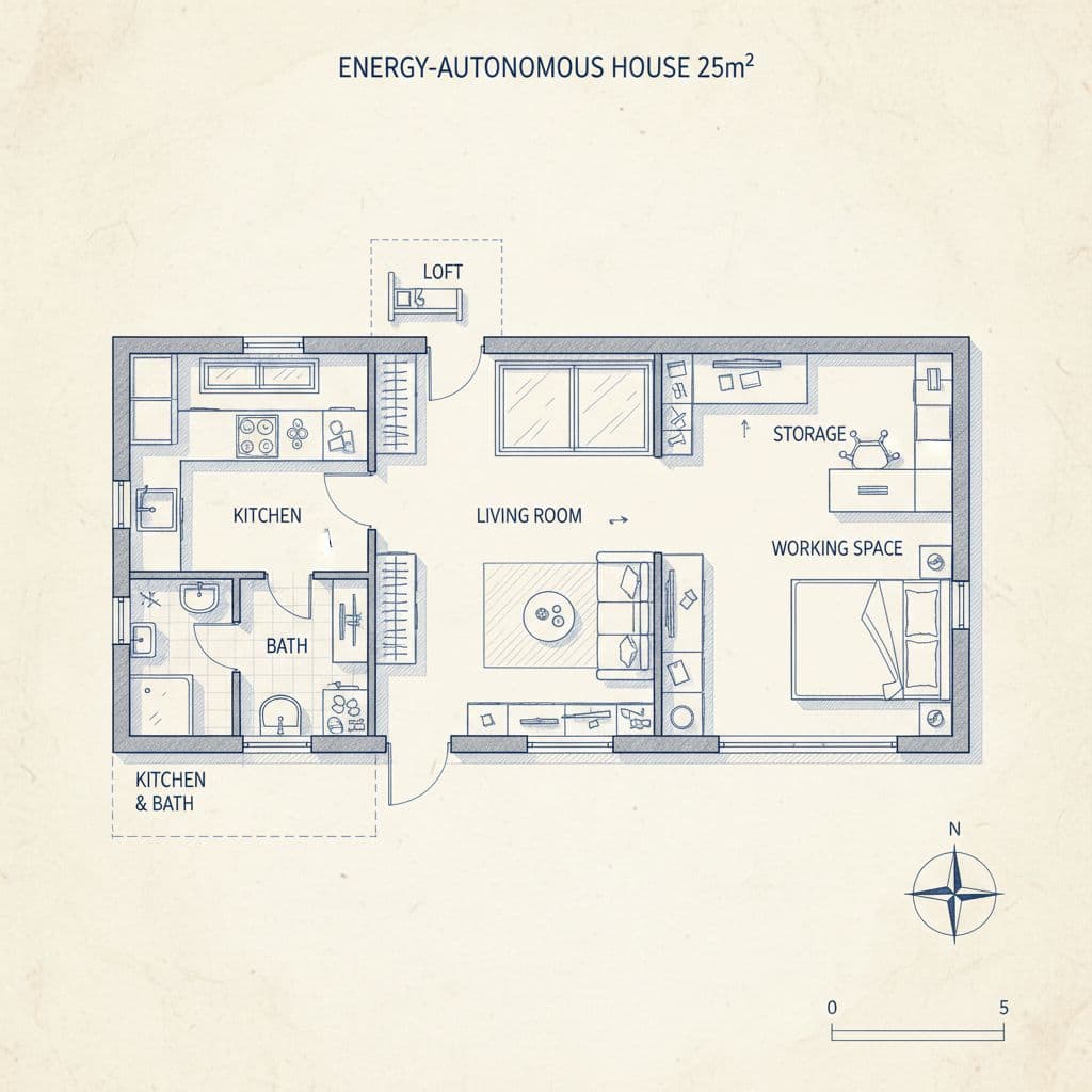 AI generated: The plan of a small energy autonomous house 25m². Place kitchen and bathroom as a protrusion on the ...