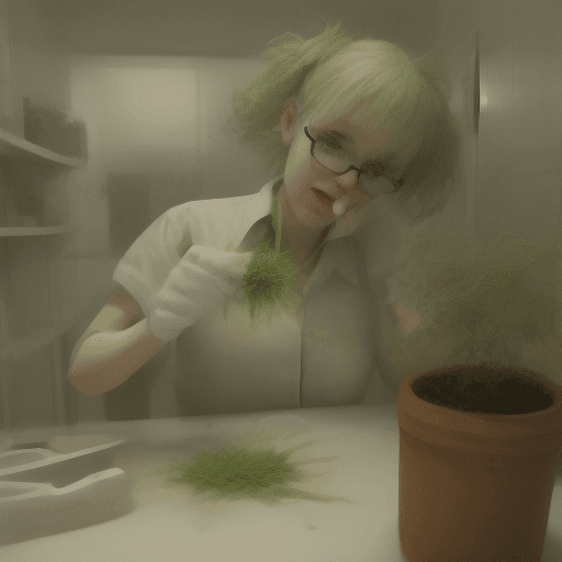 AI generated: a crazy radioactive chemist making marijuana flowers in a small bathroom full of marijuana plants