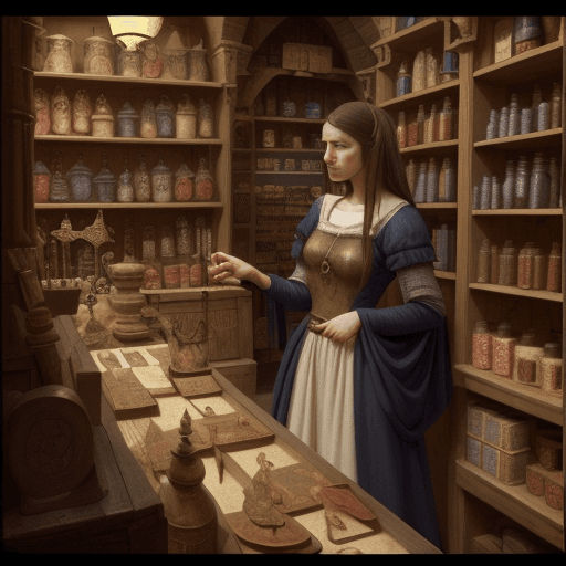 AI generated: sympathic but sad alchimist in her 20s in a medieval shop