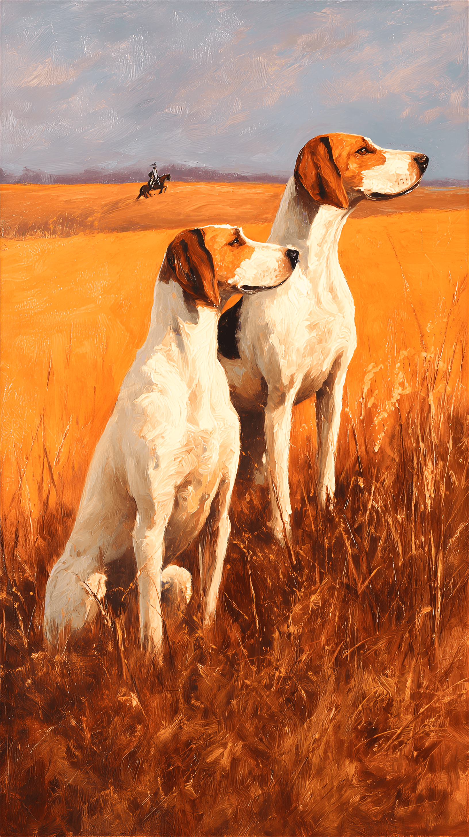 AI generated: Two hunting dogs,  medium-sized,  light brown and white,  are depicted sitting attentively in a gold...