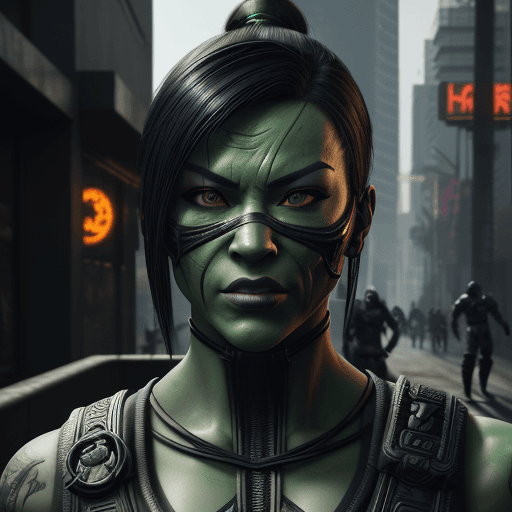 AI generated: Mortal Kombat Jade, unmasked, cyberpunk, outdoor, street, green, hyperrealism, photorealistic, 8k, u...
