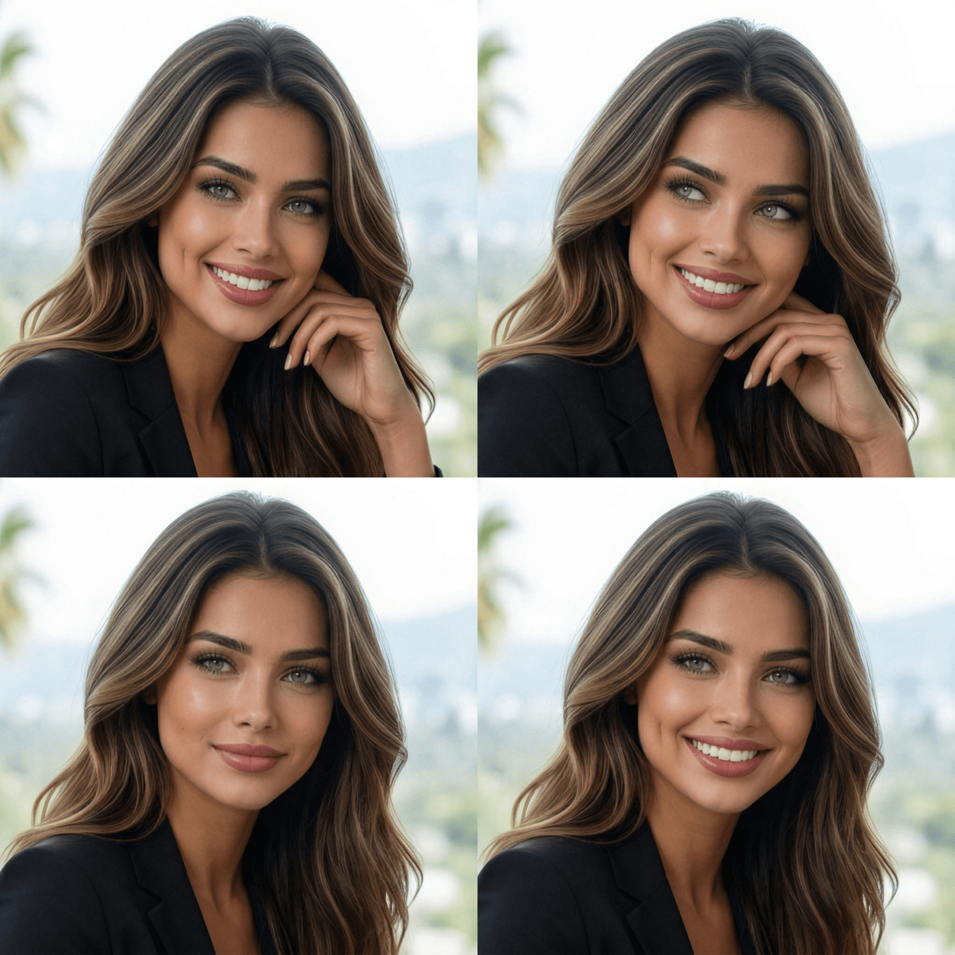 AI generated: 4 exactcly consistant tiny variations of facial expressions and head position typical of a video con...