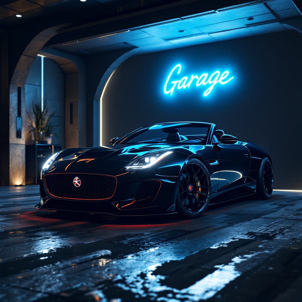 AI generated: General outline of a latest model 2024 jaguar ftype convertible in futuristic style,  with glowing h...