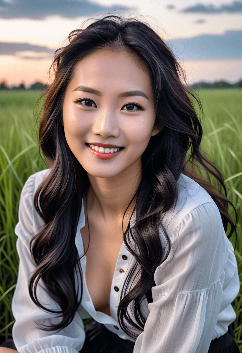 AI generated: iphone photo 3/4 shot, Asian woman, white unbuttoned blouse, smiling at the camera, long black ringl...