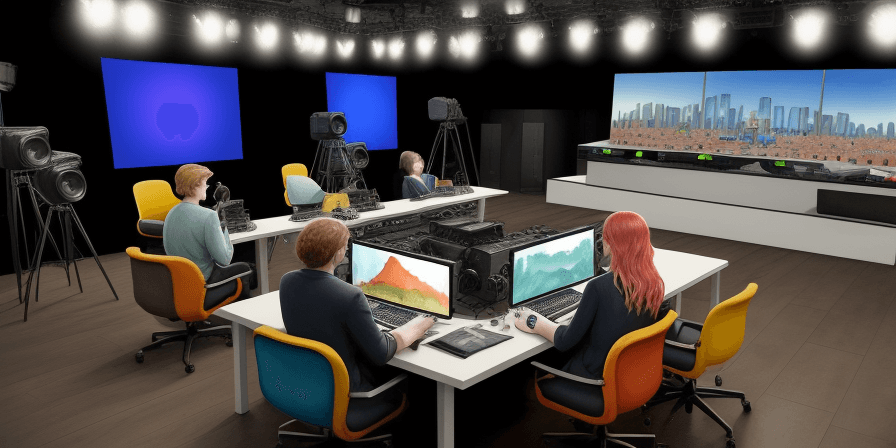 AI generated: a watercolor painting of a modern video production studio broadcasting a virtual webcast with six pa...