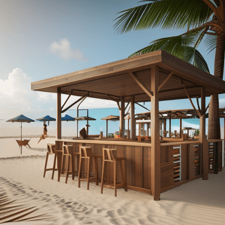 AI generated: a beach resort created with containers,glass,wood,modern style,restorant,beach bar,tables,3ds max,co...