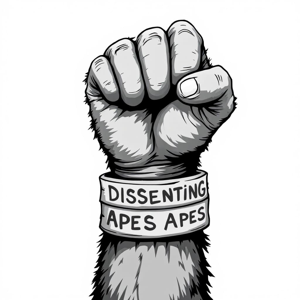 AI generated: An ape hand, fist facing us as though raised. It has a thick bracelet around the wrist with 'Dissent...