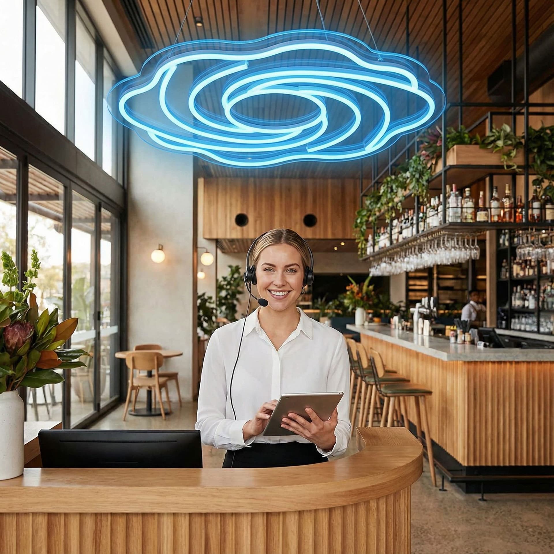 AI generated: Una imagen de una recepcionista de un restaurante moderno con buena iluminacion y con una tableta en...