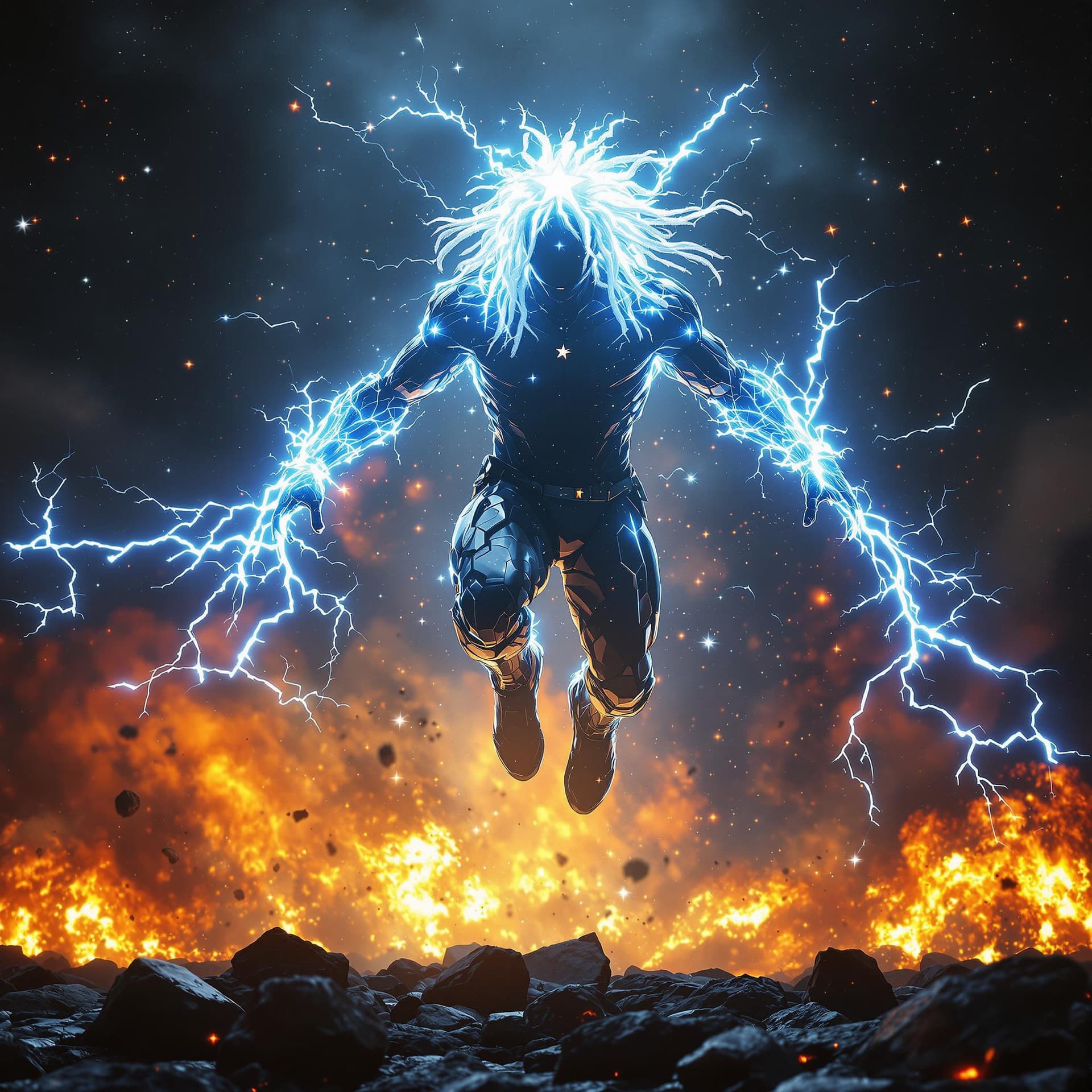 AI generated: front view of a PHOTOrealistic african american superHERO with white glowing short dreadlocks, his b...