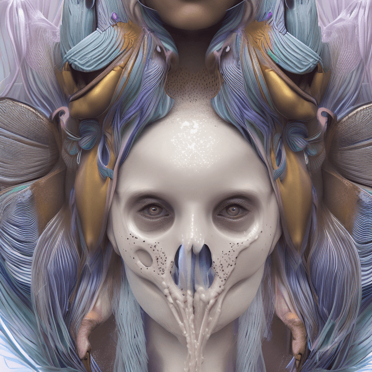 AI generated: Goddess close-up portrait ribcagel. jellyfish phoenix head, nautilus, orchid, skull, betta fish, bio...