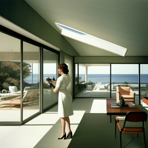 AI generated: interior designer woman 43years old brunet working on pc Hyper realistic eye level exterior photo of...