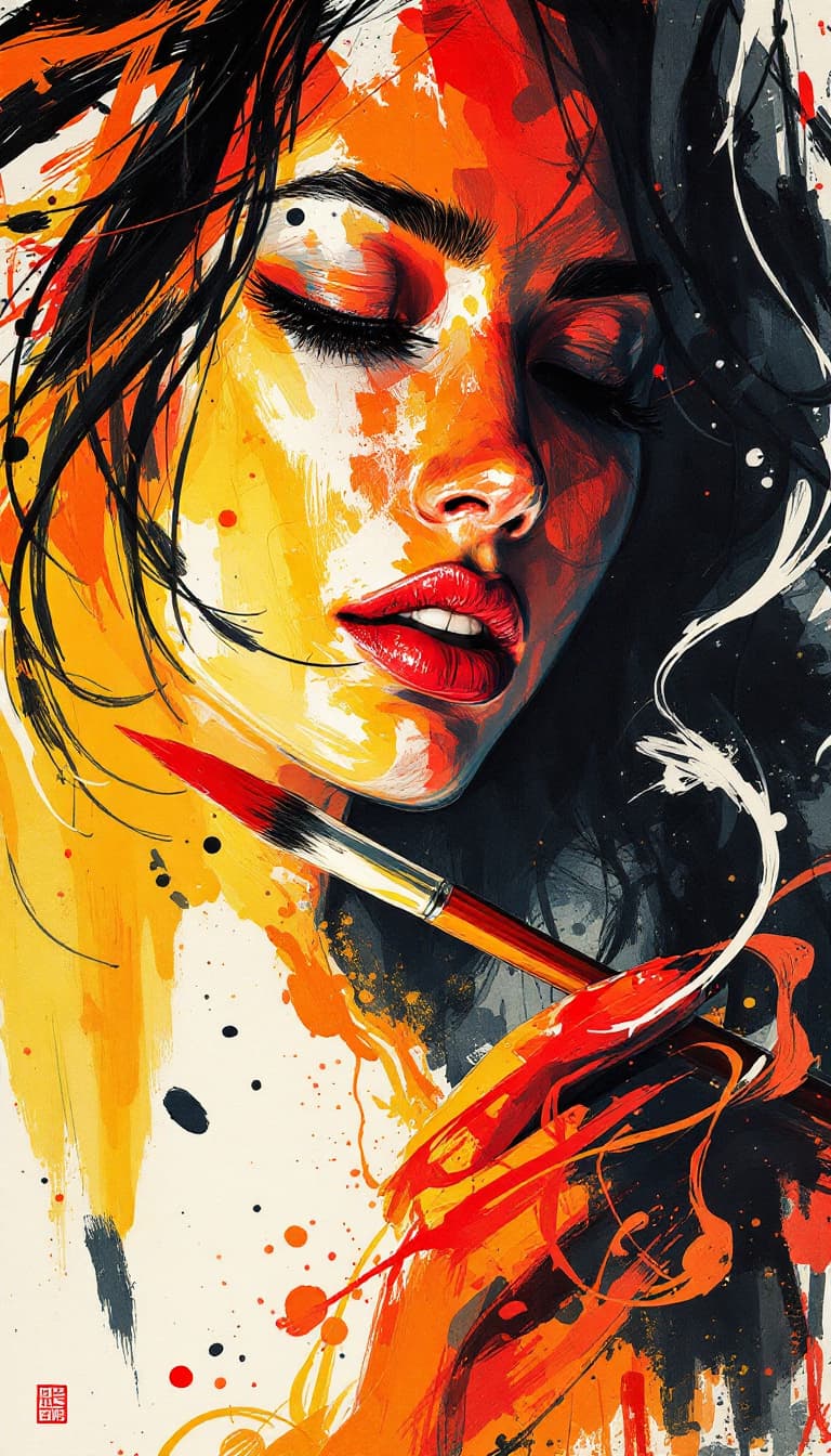 AI generated: Calligraphy, Dynamic Strokes, Flowing Lines, Expressive, Woman Holding a Brush Painting, Bold Moveme...