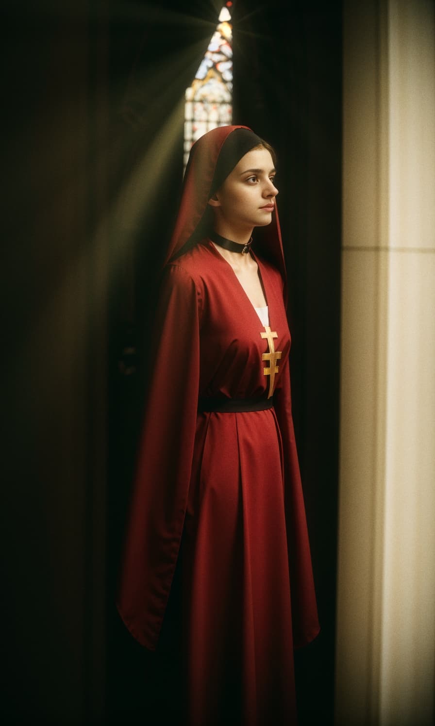 AI generated: in the style of realistic hyper-detailed , 23 year old nun praying in an large cathedral, she is wea...