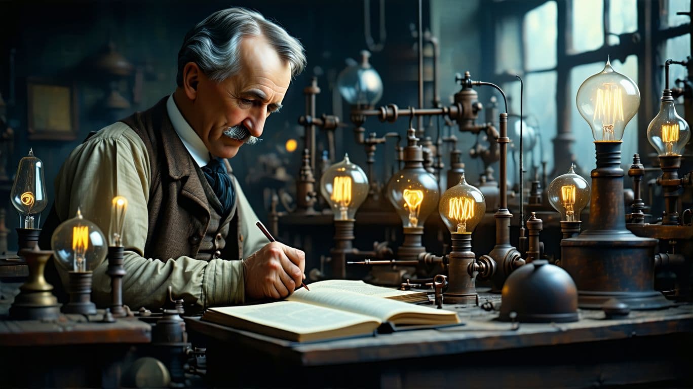 AI generated: "A historical scene of Thomas Edison in his workshop, surrounded by glass bulbs, notebooks, and elec...