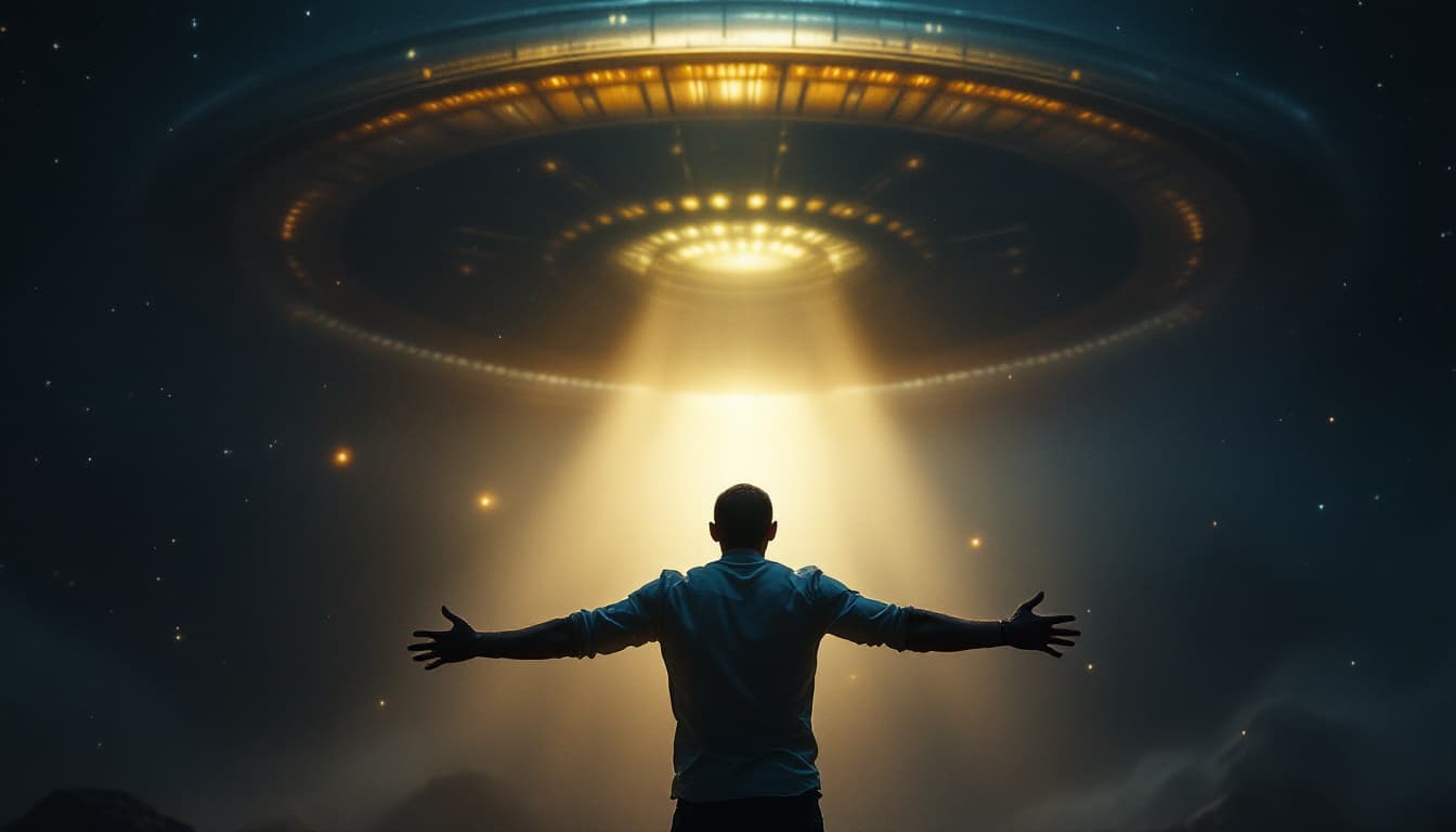 AI generated: A MAN STANDS WITH HIS ARMS OUTSPREADED IN THE NIGHT, WITH AN ALIEN SHIP SHINING A BEAM OF LIGHT ON H...