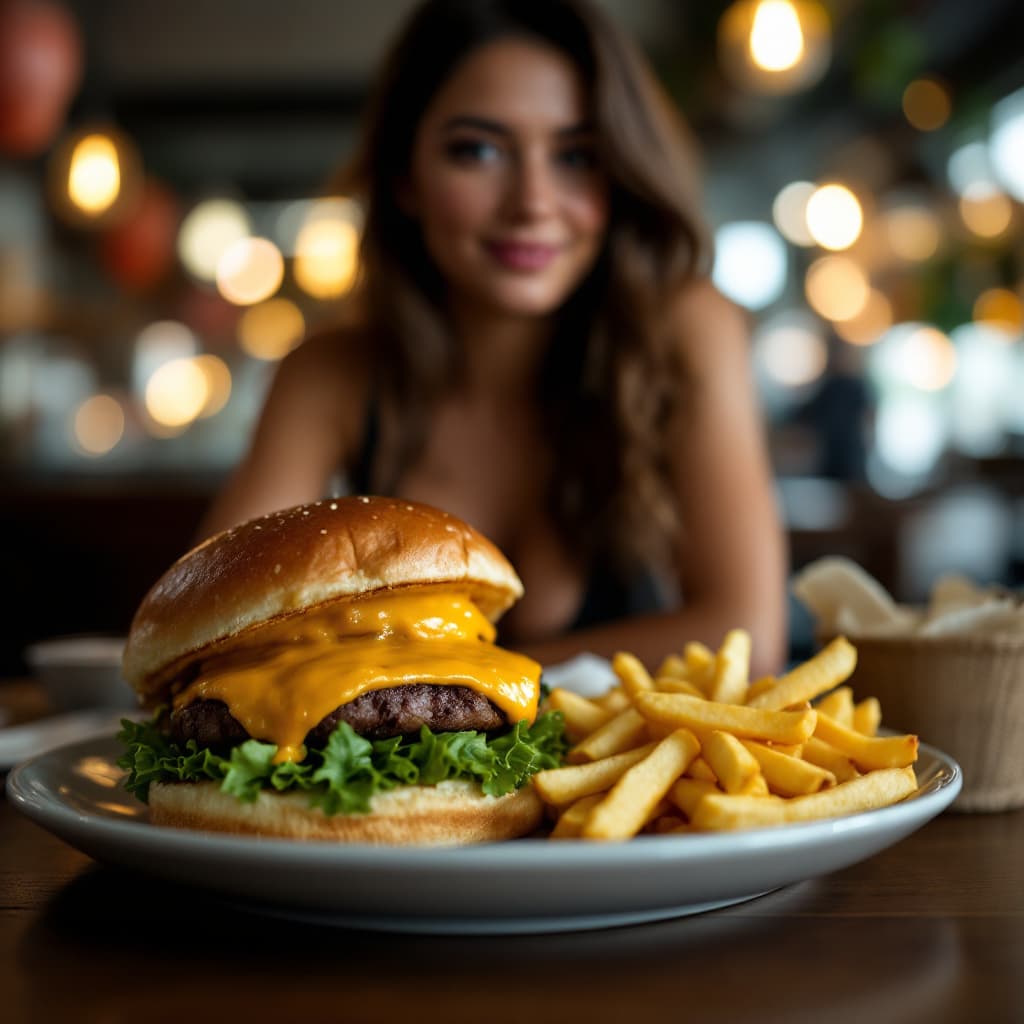 AI generated: close up of a cheeseburger and French fries on a table in a restaurant, a woman in the background we...