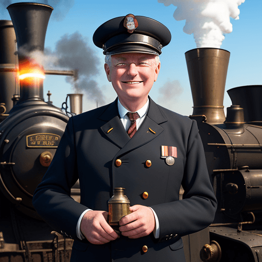 AI generated: Station master smiling next to a steam engine