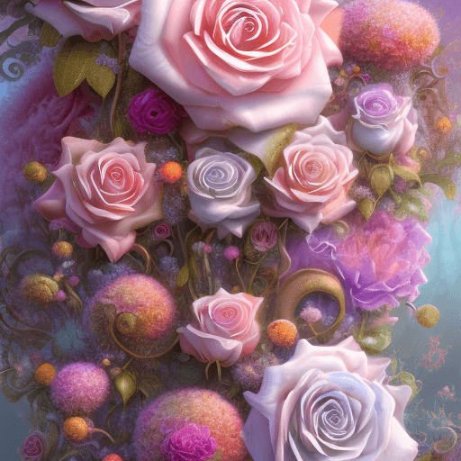 AI generated: whimsical fantasy elegant rose floral botany maximalism with a wave of flowers garden flowing flower...