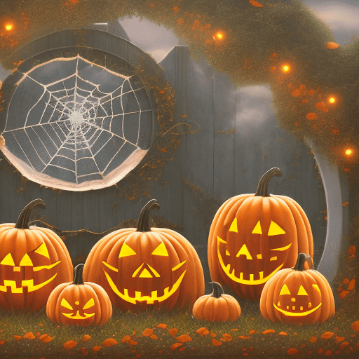 AI generated: Hyper realistic eye level exterior photo of PUMPKINS, MICE, MICE WITH HATS, JACK-O-LANTERN, SPIDERWE...