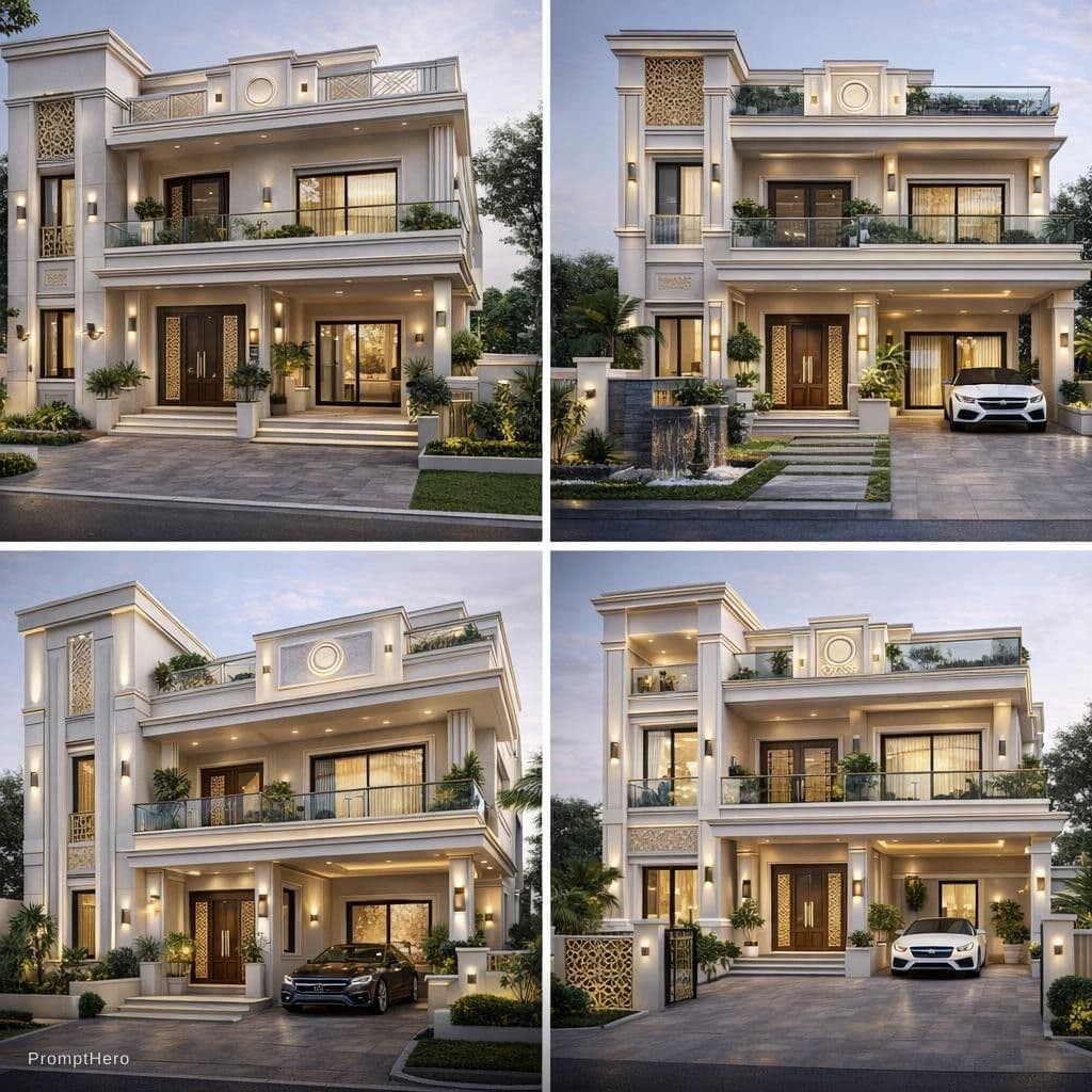 AI generated: design the exterior look of this house which should look luxurious and spacious provide various idea...