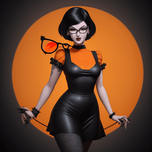 AI generated: goth girl astestic, velma from scooby-doo, a woman wearing eye glasses and an orange top, goth style...