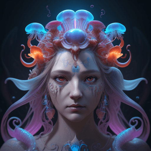 AI generated: Goddess close-up portrait ribcagel. jellyfish phoenix head, nautilus, orchid, skull, betta fish, bio...
